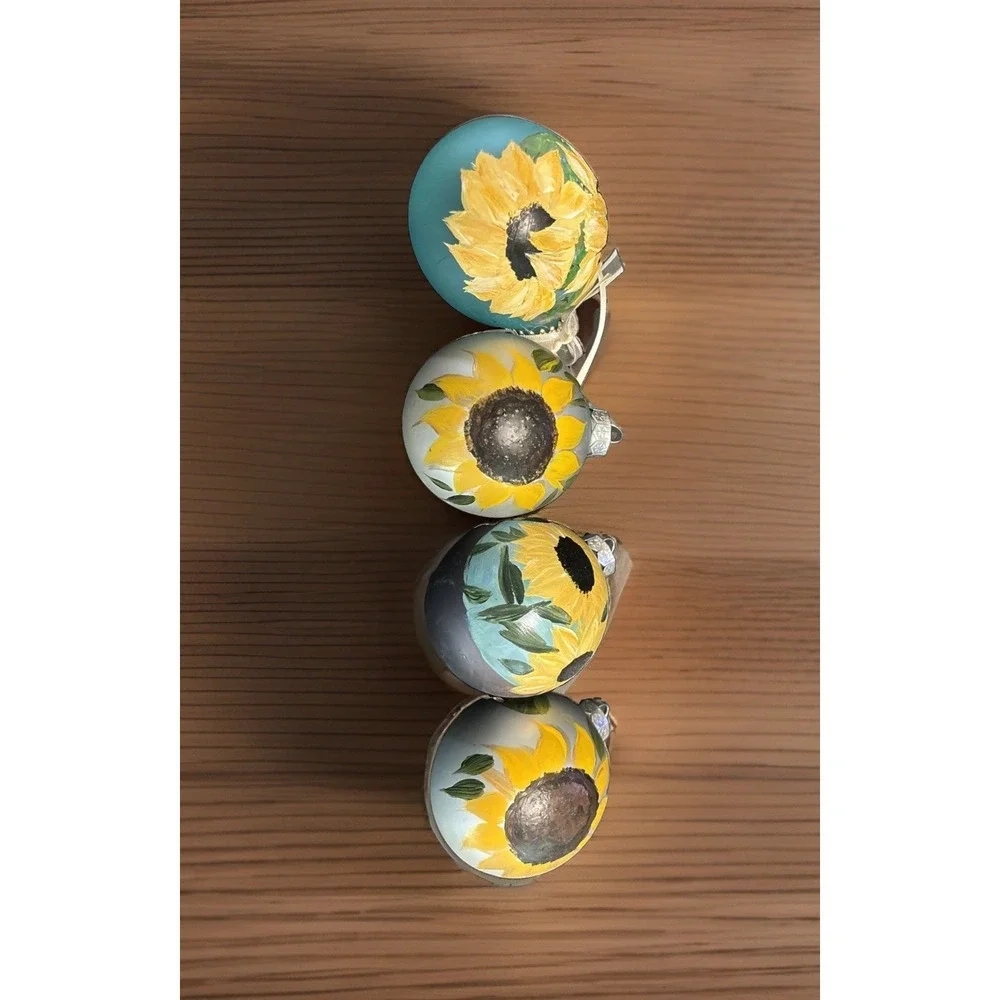 Hand-Painted Ball Ornaments Set 4 Vibrant Sunflower Christmas Thanksgiving
